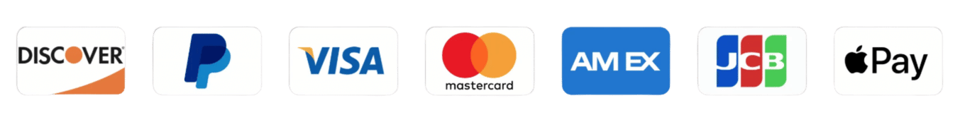 Accepted payment methods: Discover, PayPal, Visa, Mastercard, American Express, JCB, Apple Pay